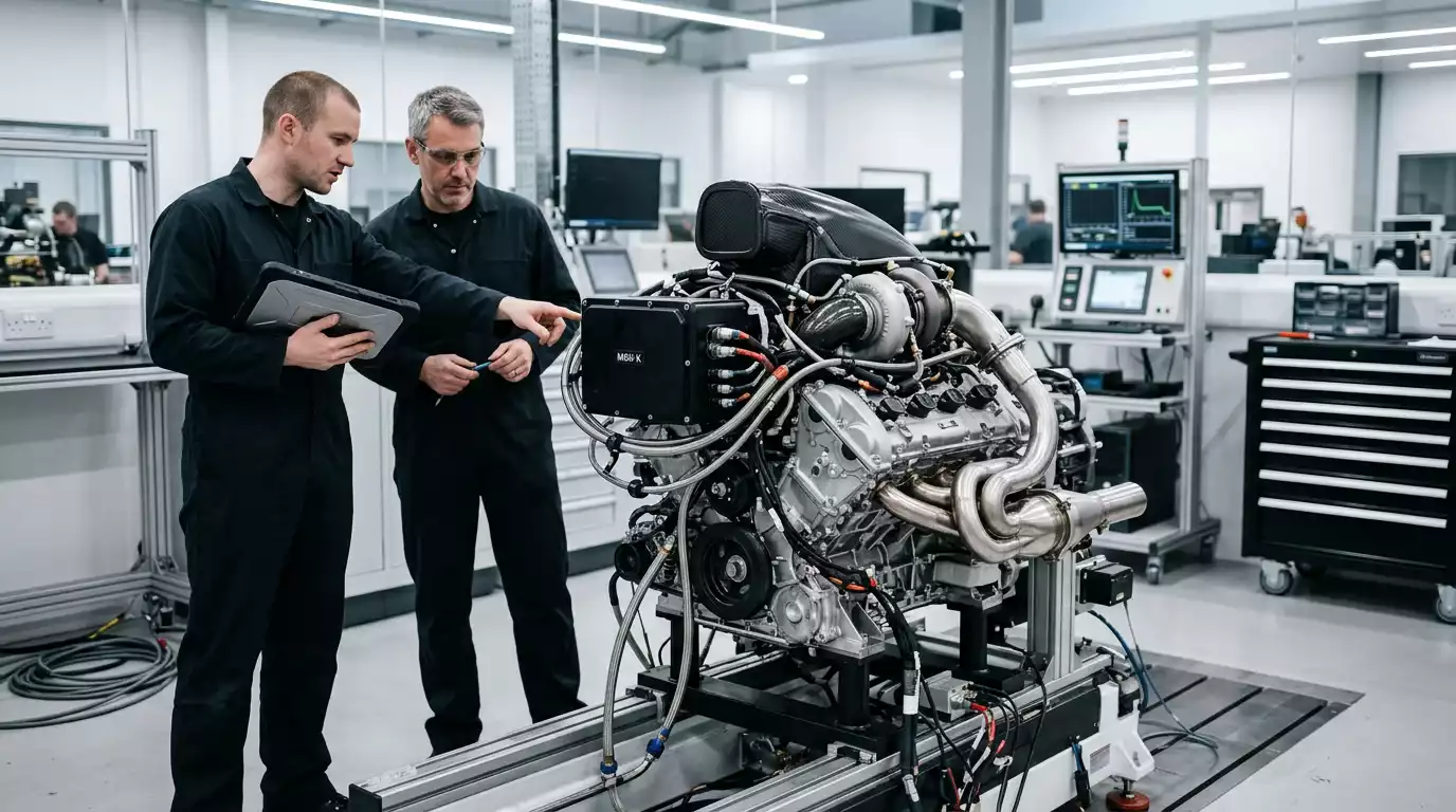 Formula 1 engineers examining a hybrid power unit in a brightly lit team workshop