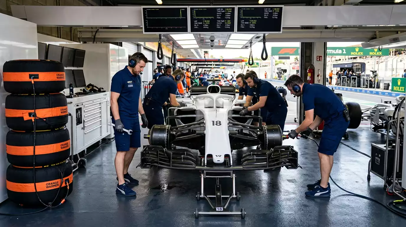 Crowded Formula 1 pit lane with team garages and engineers preparing cars before a race