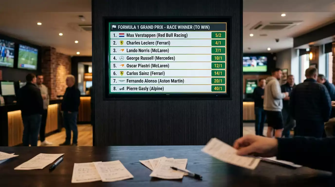 Close-up of a bookmaker odds board displaying Formula 1 race winner and podium finish markets