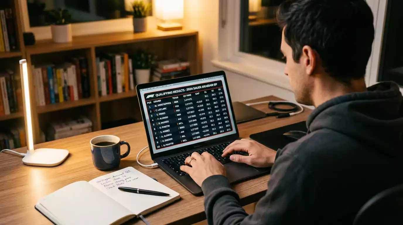 Person reviewing Formula 1 timing screens and sector data on a laptop during a qualifying session