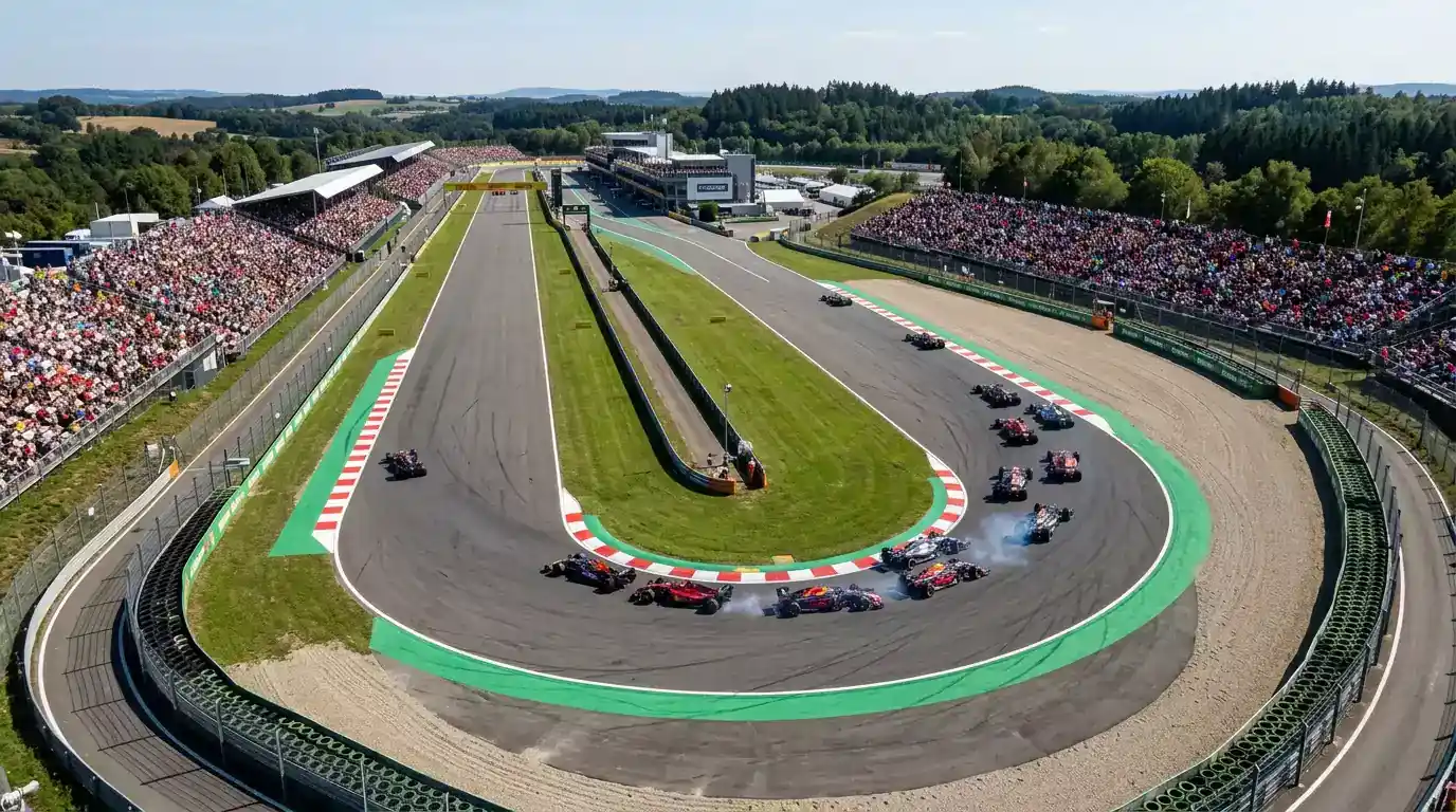 Aerial view of a Formula 1 circuit during a race weekend with cars on track and packed grandstands