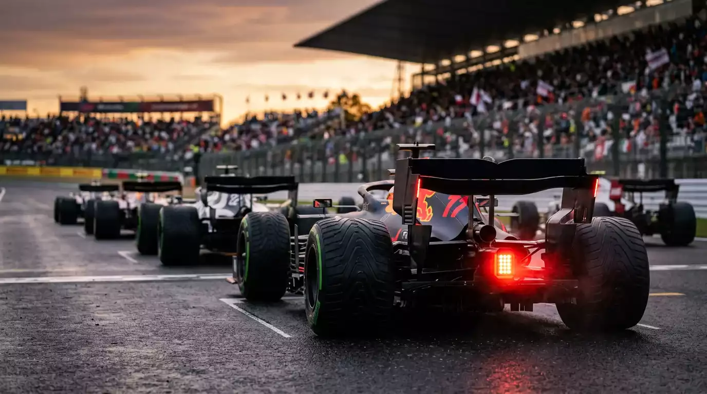 Formula 1 cars lined up on the starting grid under floodlights before a Grand Prix